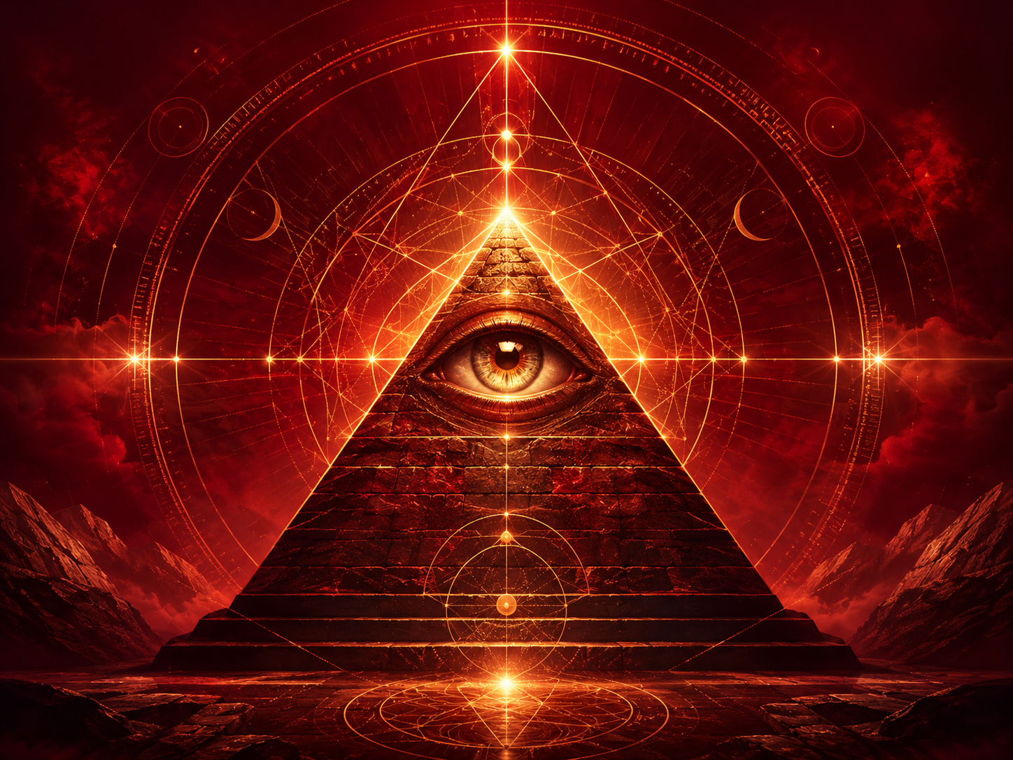 Illuminati symbols with eye, pyramid and sacred geometry
