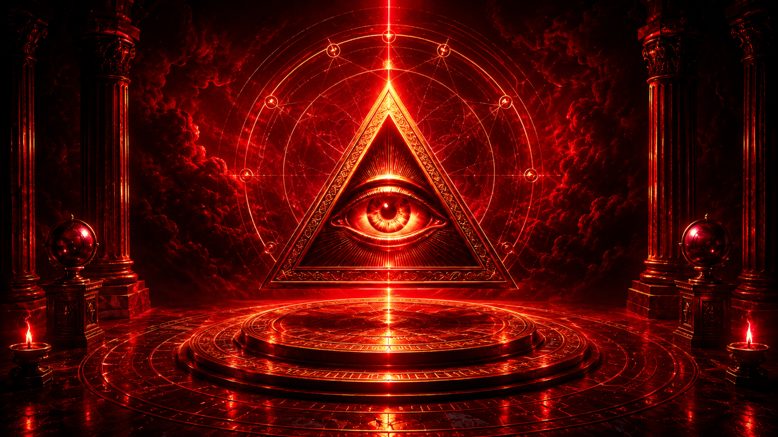 Illustration representing Illuminati symbolism with geometric shapes, light and historical imagery.